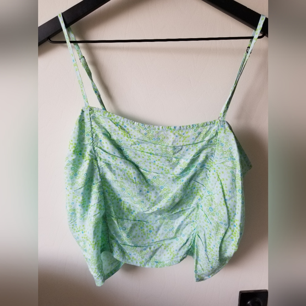 BP. Blue Floral Print Ruched Crop Top Women's Size M